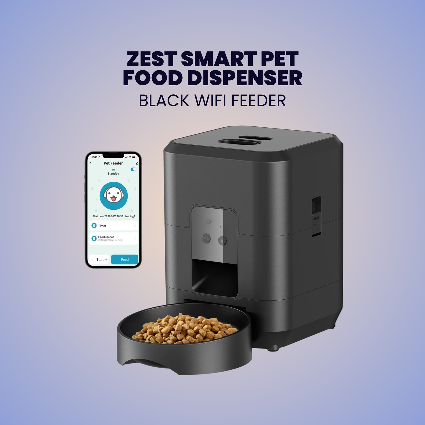 ZEST Smart Pet Food Dispenser: Remote Wi-Fi 2.4G Control, Dual Power Supply, Anti-Clog Design for Cats & Dogs