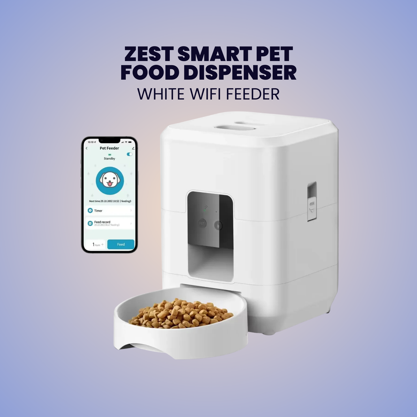 ZEST Smart Pet Food Dispenser: Remote Wi-Fi 2.4G Control, Dual Power Supply, Anti-Clog Design for Cats & Dogs